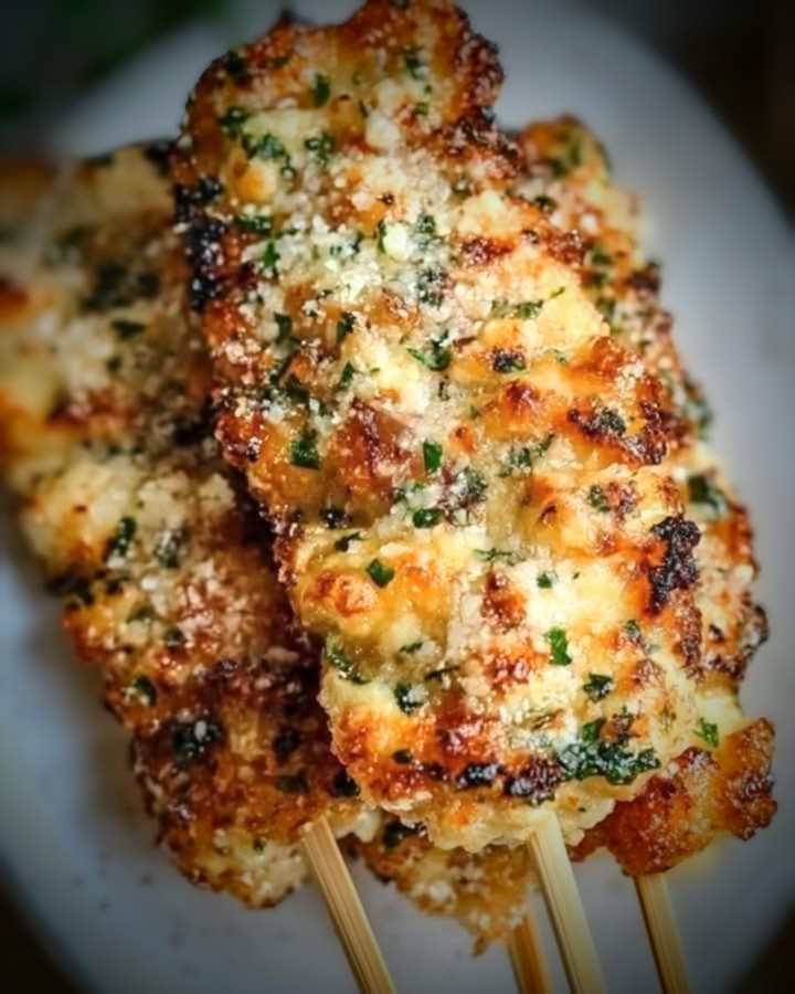 Brochette de poulet parmesan et ail avec riz pilaf et légumes croquants.